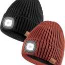 Beanie with Light for Men 2 Pack, Hat with Light Built in Rechargeable Winter Warm Knitted Headlamp Caps, Gift for Men Dads Husband Led Beanie Hats with Light(Black&Dark Orange)