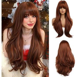 Esmee 26 Inches Long Dark Auburn Wig with Bangs Slightly Curly Hair Ends Natural Synthetic Hair Straight Wigs for Women Daily Party Cosplay Wear