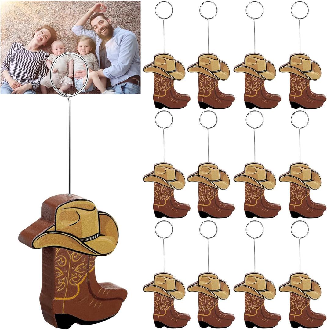 Teenyyou 12 Pcs Cowboy Boots Table Number Holders Wooden Photo Balloon Place Card Holders Cute Cowboy Picture Number Sign Stands for Western Party Birthday Wedding Party Event(Brown)