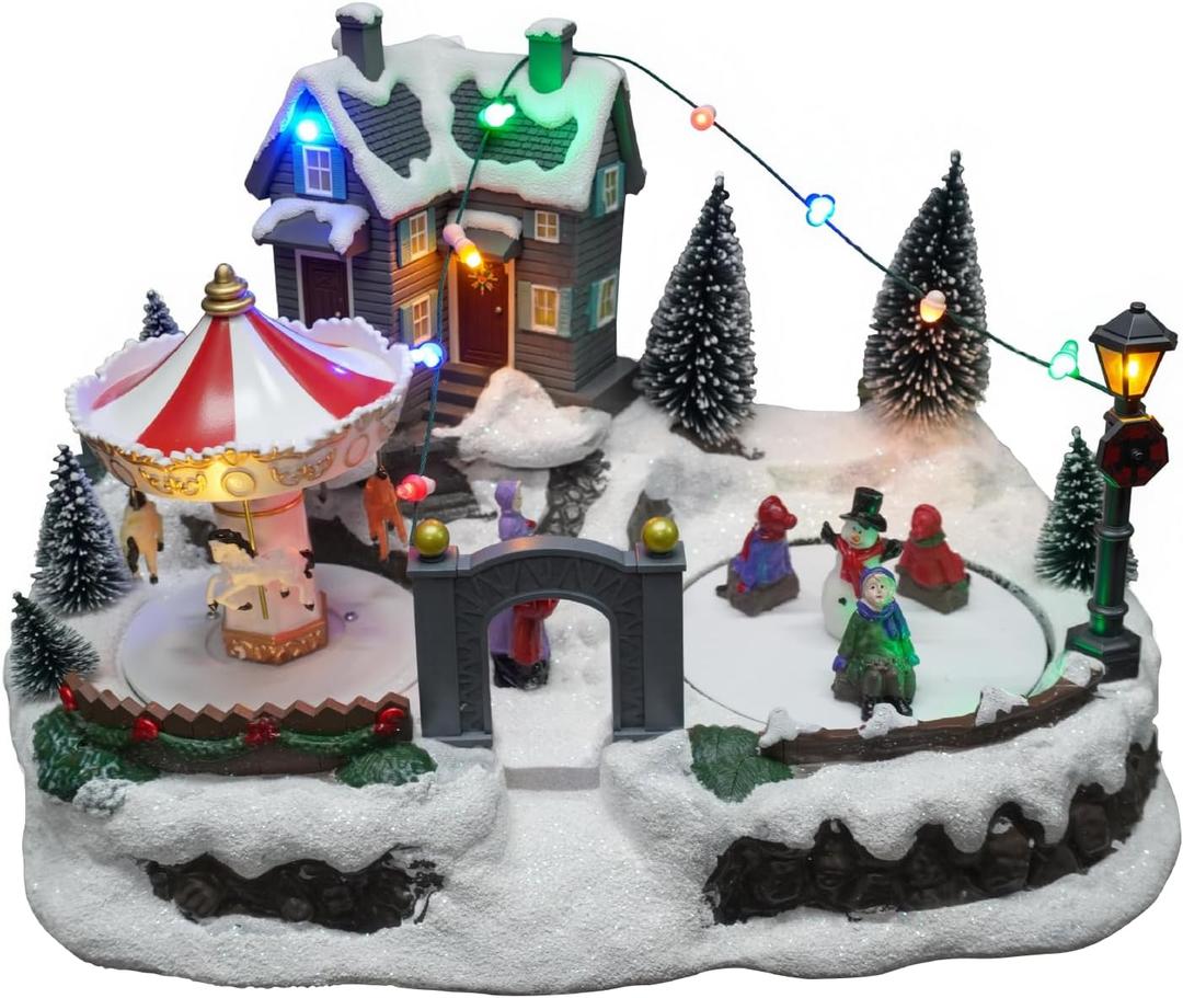 Christmas Village Houses, Snow Village Ice Rink with 8 Musical for Xmas Decorations Home Tabletop Display