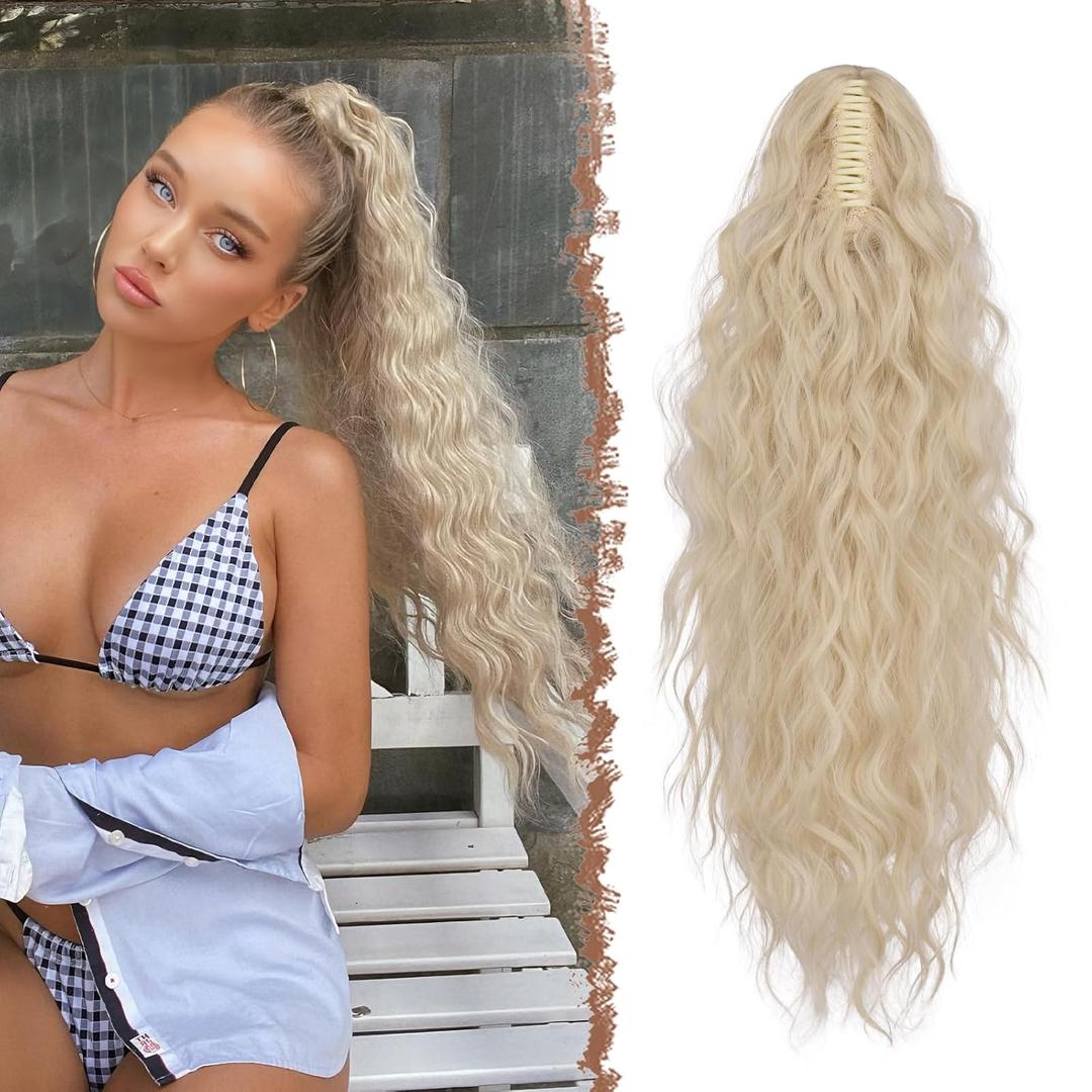 FESHFEN Claw Clip Ponytail Extensions - Long Pony Tail Hair Piece Wavy Curly Synthetic Hairpieces for Women, Light Blonde 26 inch