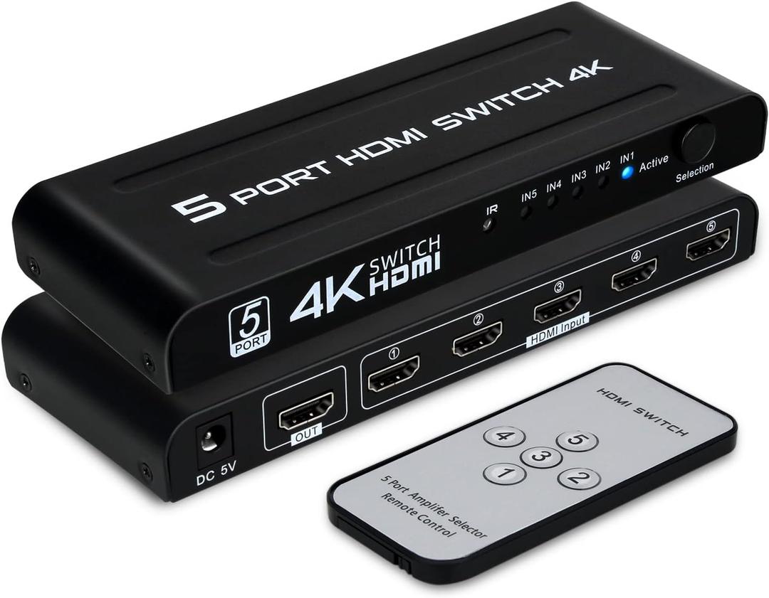 4K HDMI Switch 5 in 1 Out, 5 Port HDMI Switcher Selector Box with IR Remote Control & Auto Switch, Support 4K@30Hz, HDR, HDMI 1.4, HDCP, 3D, 1080P for HDTV PS3 PS4 Xbox Projector Blu-ray Player