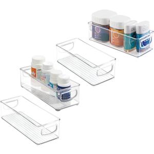 mDesign Stackable Plastic Storage Bin Caddy with Handles - Organizer for Vitamins, Supplements, Serums, Essential Oils, Medical and First Aid Supplies - 3" High, 4 Pack - Clear