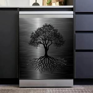 Dishwasher Magnet Cover Black Tree of Life Dishwasher Cover Magnetic Sticker Brushed Stainless Steel Effect Kitchen Appliances Fashion Door Cover Magnet Decor Decal 23" x 26" Magnetic