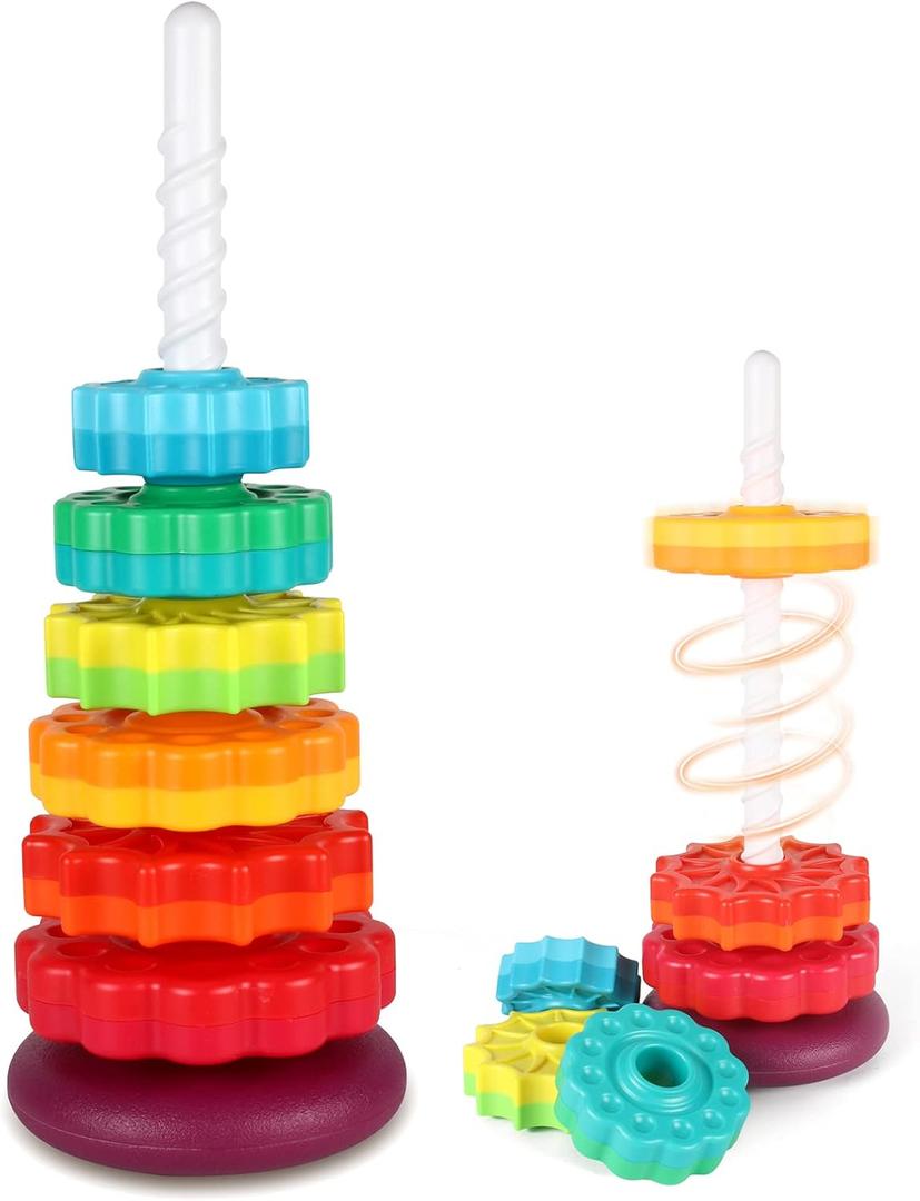 JUXUE Spinning Toy, Rainbow Stacking Toys for Toddlers 1-3, Ring Stacker Baby Toys 6 to 12 Months, 1 One Year Old Girl Boy Christmas Birthday Gifts, Montessori Autism Sensory Toy