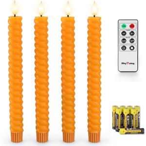 Rhytsing 10" Orange Flameless Twisted Taper Candles with Timer, Battery Operated Spiral Led Candlesticks for Fall and Halloween, Remote & Batteries Included - Set of 4