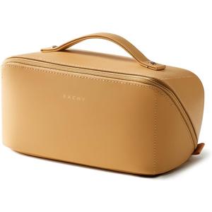 EACHY Travel Makeup Bag, Large Capacity Cosmetic Bag for Women, Waterproof PU Leather, Flat Open Portable Toiletry Bag for Skincare, Brushes & Travel Essentials (Medium, AM-Yellow)