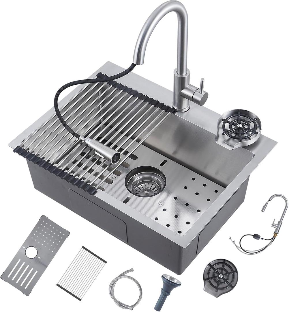 32 Inch Kitchen Sink, 304 Stainless Steel Sink, Single Bowl, Drop In Kitchen Sink with Complete Accessories, Perfect for Homes and Modern Kitchens in All Settings (Stainless Steel, 32 * 18 in)