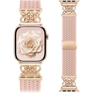 Braided Stretchy Band for Apple Watch Bands for Women 38mm 40mm 41mm 42mm | Celtic Love Knot Metal Connector,Magnetic Clasp,Soft Elastic Nylon Straps for iWatch Series 11/10/9/8/7/6/5/4/3/2/1/SE/Ultra