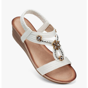 SHIBEVER Womens Wedge Sandals Flower Low Heel Dressy Sandals Elastic Ankle Strap Rhinestone Summer Comfortable Shoe Size 8