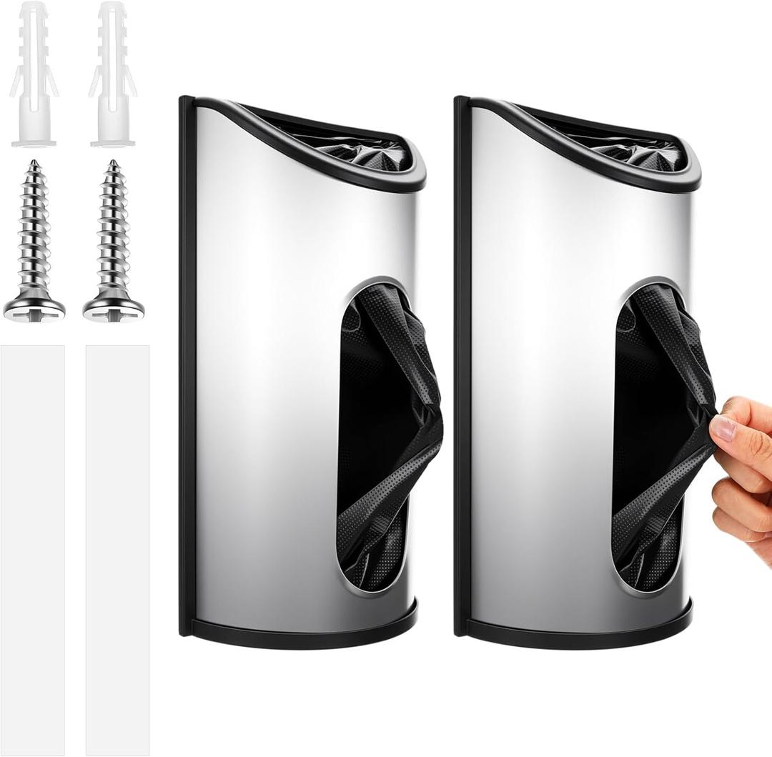 2 Pack Wall Mounted Trash Bag Holder, Grocery Bag Holder Stainless Steel Kitchen Trash Bags Organizer Anti-Fingerprints and Scraw for Kitchen Garage Barn Storage Room