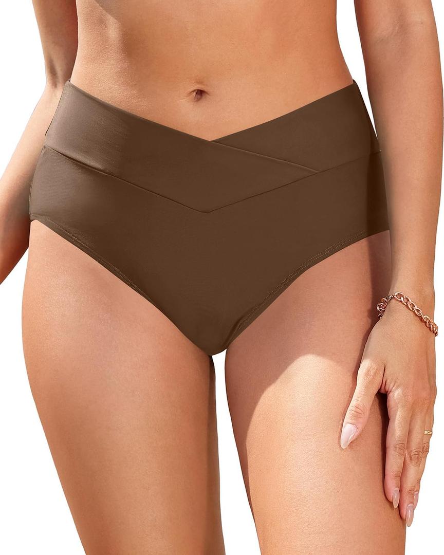 Women V Cut Full Coverage Bikini Bottom - High Waist Swim Bathing Suit Bottoms Cross V Front Swimsuit (Large, Brown)