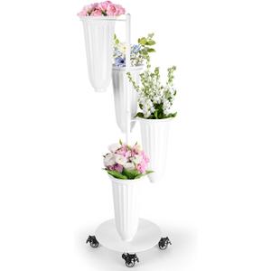 Flower Display Stand With Buckets,Rotatable Flower Cart Display Stand with Wheels,Flower Bar Stand for Florist Garden Wedding Home Decor (White)