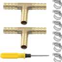 2 Pcs 5/16" Brass Tee Barb Fittings with 6 pcs Stainless Steel Pipe Clamps, 3 Way T Shape Union Intersection Hose Barb Splicer for Water/Fuel/Air