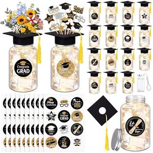 Boao 16 Sets Graduation Table Decoration Set with LED Light up Graduation Decorations for Class of 2026, Grad Jar, Felt Grad Hat and Stickers for High School College(Black,Lovely)