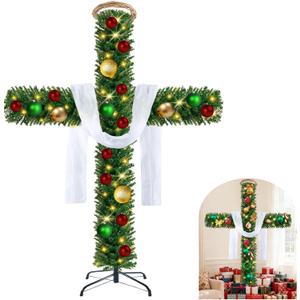 Large 6ft Cross Christmas Tree with Lights and Hanging BallsIncluded White Silk Scarf & Crown of Thorns Jesus Christian Ornaments for Christmas Easter Outdoor Home Decor