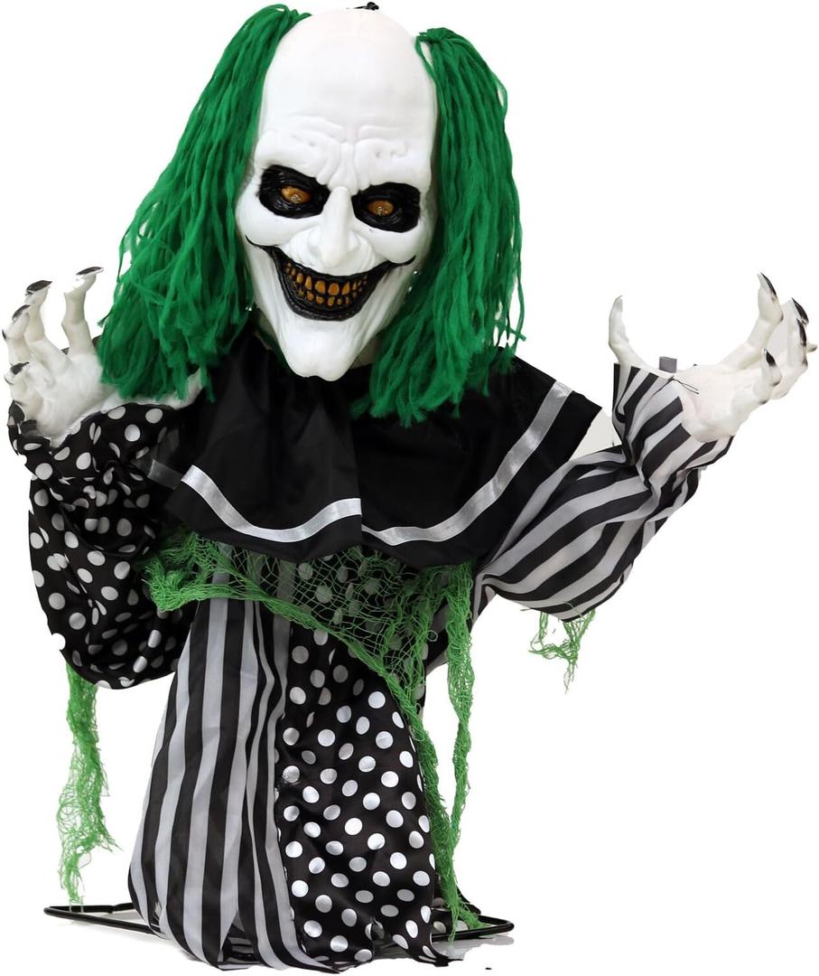 Haunted Hill Farm Scary Talking Groundbreaker Clown Animatronic with Motion and Touch Activated Lights and Sounds, Indoor or Covered Outdoor Halloween Decorations, Battery Operated Halloween Props (23.6" Clown Groundbreaker)