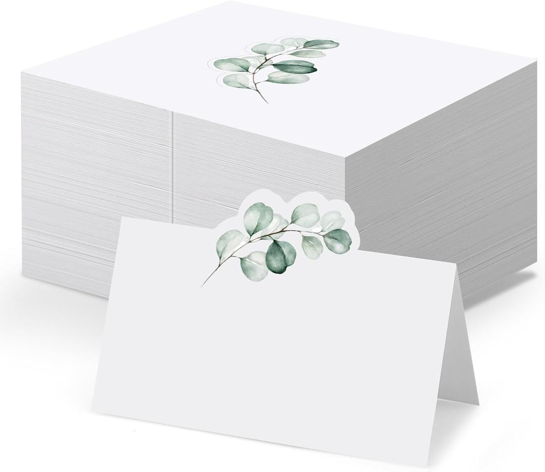 150Pcs Place Cards for Table Setting 3.5 x 2 Inch Self-Stand Wedding Place Cards with Eucalyptus Pattern Tent Card Table Name Card Food Labels for Party Buffet Banquets Parties