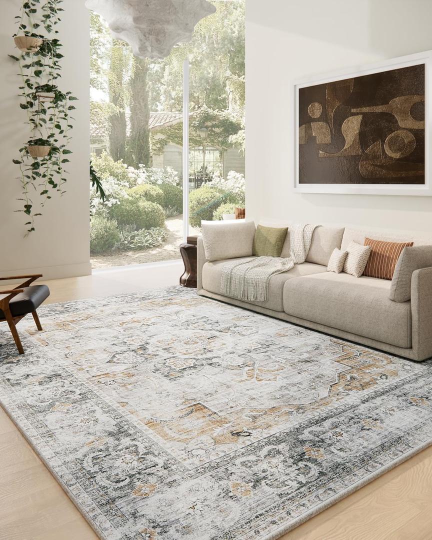 Washable Living Room Area Rugs: 9'x12' Large Rug Stain Resistant Distressed Vintage Boho Rug Non Slip Low Pile Faux Wool Soft Area Rug for Indoor Kids Playroom Farmhouse Dining Room Office Bedroom (Grey and Orange)