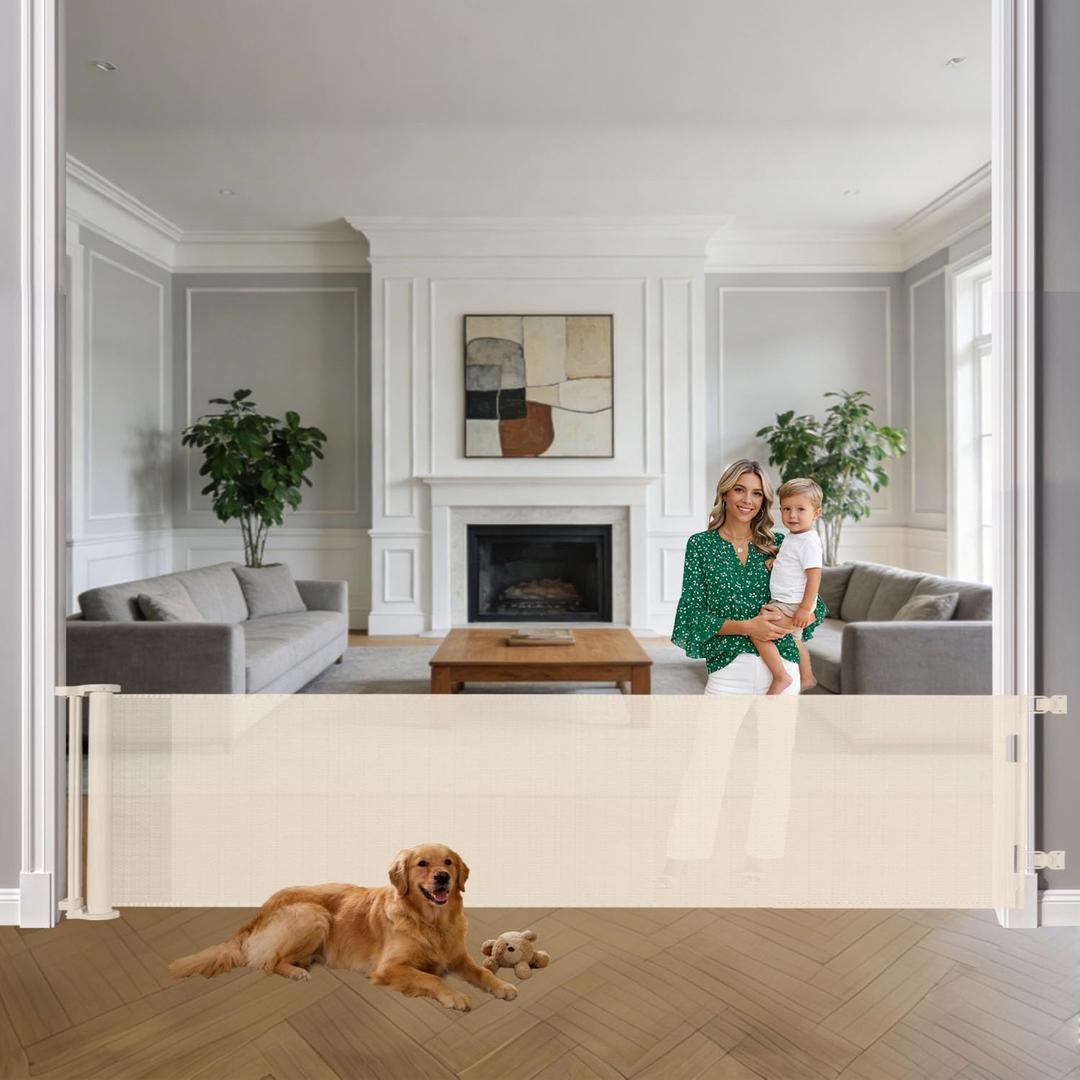 33 Tall X 140 Extra Wide Baby Gate Wall Mount Retractable Dog Gates for Doorways Extra Wide Baby Gates for Large Openings 11.67Ft Long Outdoor Pet Gate Indoor Dog Fence One-Hand Easy Operation Beige