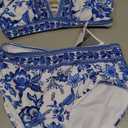 Hanna Nikole Womens High Waisted Bikini Sets Floral Print, 2 Piece Swimsuits Cutout, V Neck Bathing Suits Sexy Swimwear, Medium