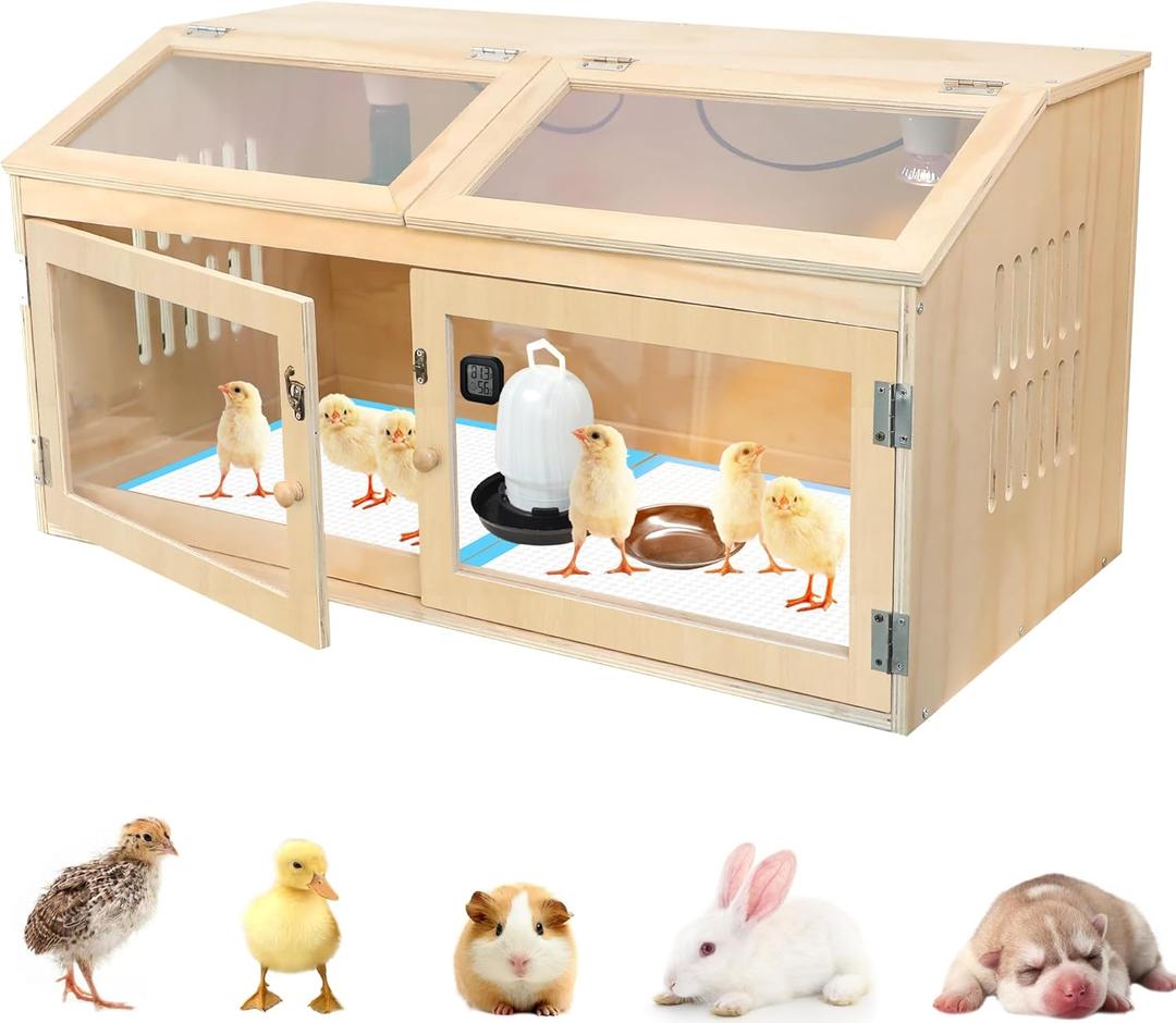 Chicken Brooder Box for Chicks with Sliding Drawer, Large Wooden Chick Brooder Box 32" Wide with Heating Lamp & Thermometer, Fully-Opened Top and Front Door for Chicks, Duck, Quail, Hamster, Reptiles
