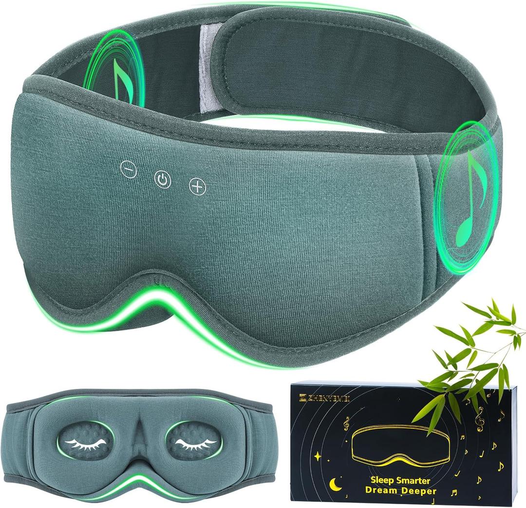 Bamboo Cotton Large Sleep Mask with Bluetooth Wireless Headphones - Blackout Eye Mask for Sleeping 3D Contoured Sleep Eye Cover Headband Ear Plugs Low Noise Hook for Men Women Better Experience (Grey)