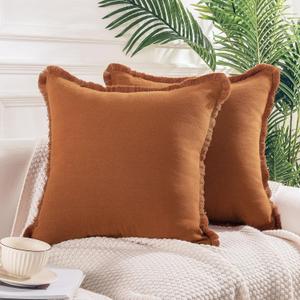 NEXHOME PRO Boho Throw Pillow Covers for Couch Set of 2 20"x20", Handmade Decorative Linen Pillow Covers Sofa Living Room, Farmhouse Fringed Cushion Covers, Fall Burnt Orange (Insert Not Included)