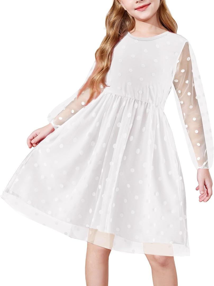 Arshiner Girls Mesh Dress Long Sleeve Tulle Sparkle Glitter Polka Dot Party Holiday Dresses Kids Clothes (White)