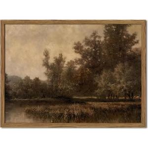 Framed Vintage Landscape Canvas Wall Art, Rustic Forest Lake Wall Decor Paintings, Retro Country Nature Pictures Prints Aesthetic Home Decor for Living Room Bedroom Office Farmhouse 8x10 inch
