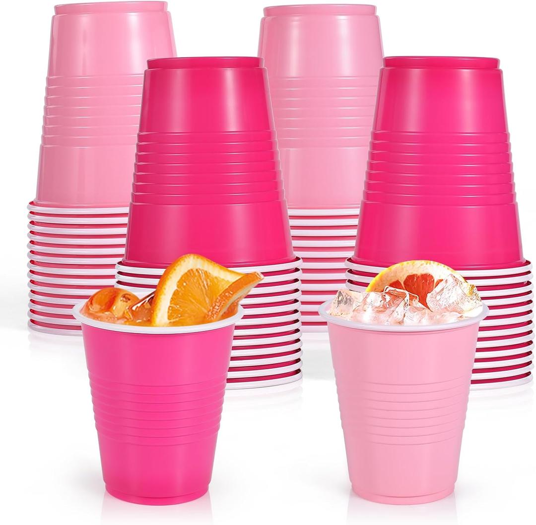 [50 Pcs] Pink Disposable Plastic Drinking Cups - 12 OZ Party Cups Bulk for Bachelorette, Two Pink Birthday Party Decorations