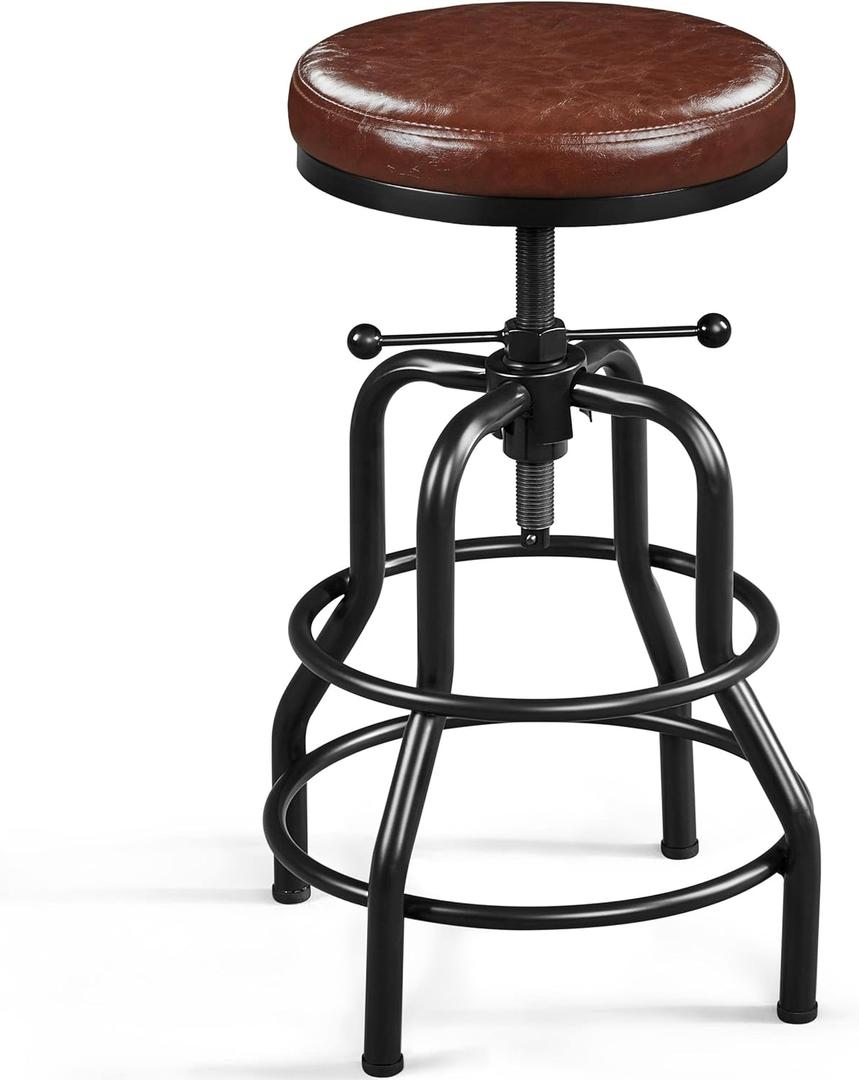 Yaheetech Industrial Bar Stool Vintage Counter Height Adjustable Metal Kitchen Stool with Round Faux Leather Seat 21.5-28 Inch Tall Brown, 1PC