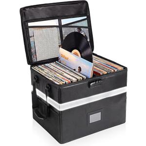 MEBRUDY Vinyl Record Storage Box with Lock, Fireproof & Water Resistant Album Storage for 150+ Records 12 inch, LP Storage Case with Adjustable Handle for Collectors, 16.7" x 13" x 13"