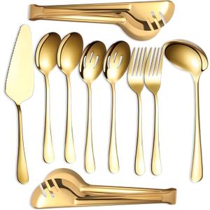 Serving Utensils Set Gold 10-Piece - Stainless Steel Stunning Mirror-Finish, Lightweight, Dishwasher Safe - Includes Slotted Spoons, Forks, Tongs, Ladle, and Pie Server for buffet & parties