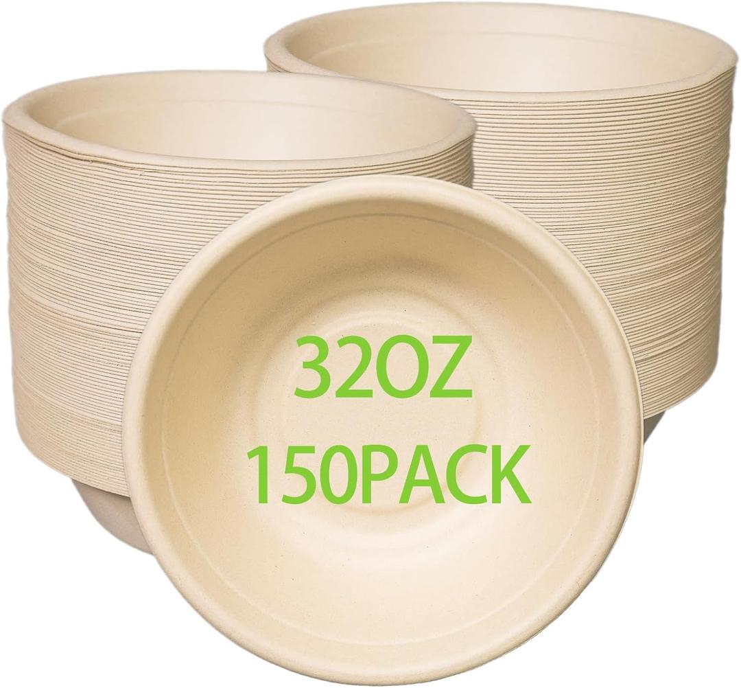 32oz Disposable Salad Bowls 150Pack, Big Paper Bowls, Large, Heavy-Duty, Eco-Friendly, Bulk Pack, Compostable Bowls, Biodegradable Made of Sugar Cane Fibers,Perfect For Salad
