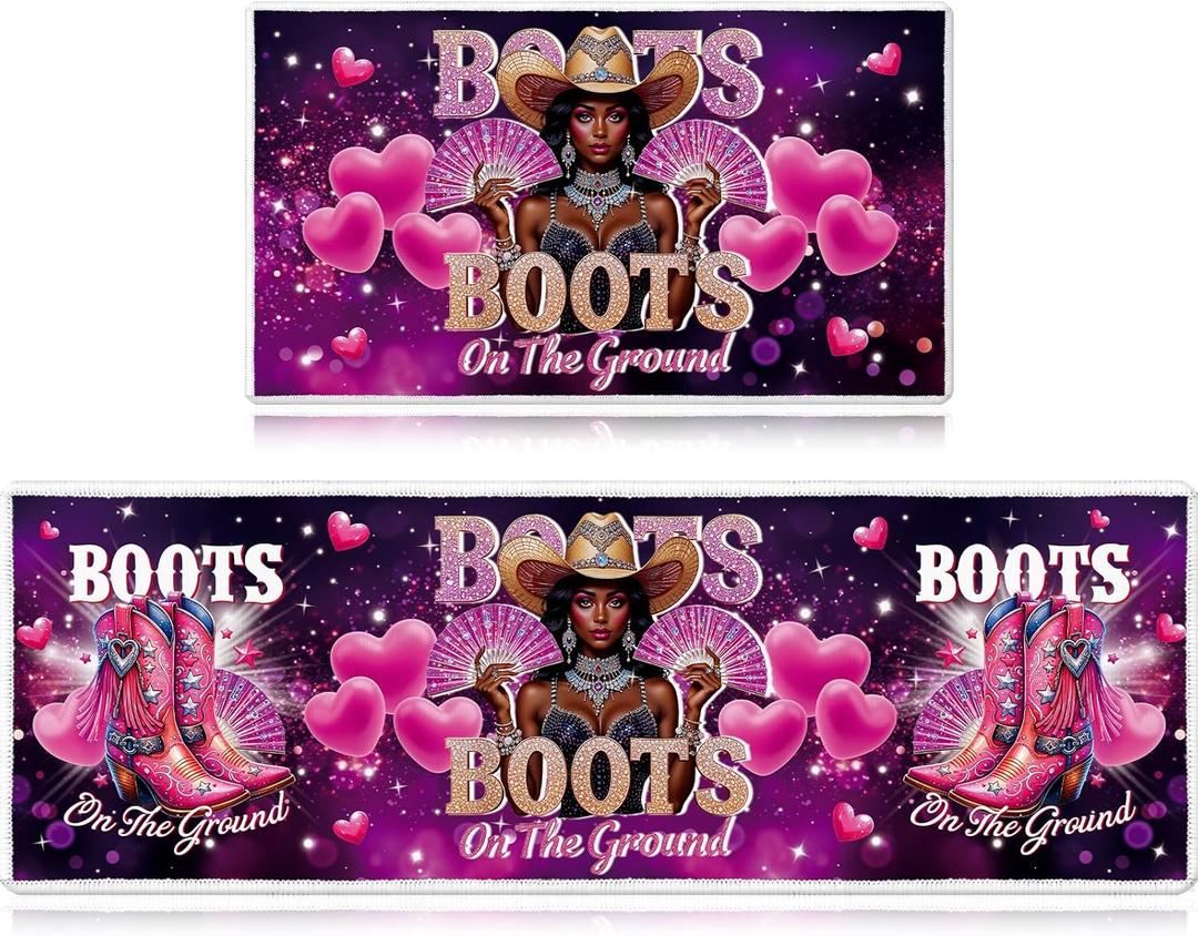 Western Cowgirl Kitchen Mat Rugs Set of 2, Purple American Wild West Non-Slip Mats, Western Kitchen Decor for Country Indoor Outdoor Home Floor Decorations 17x29 and 17x47 Inch