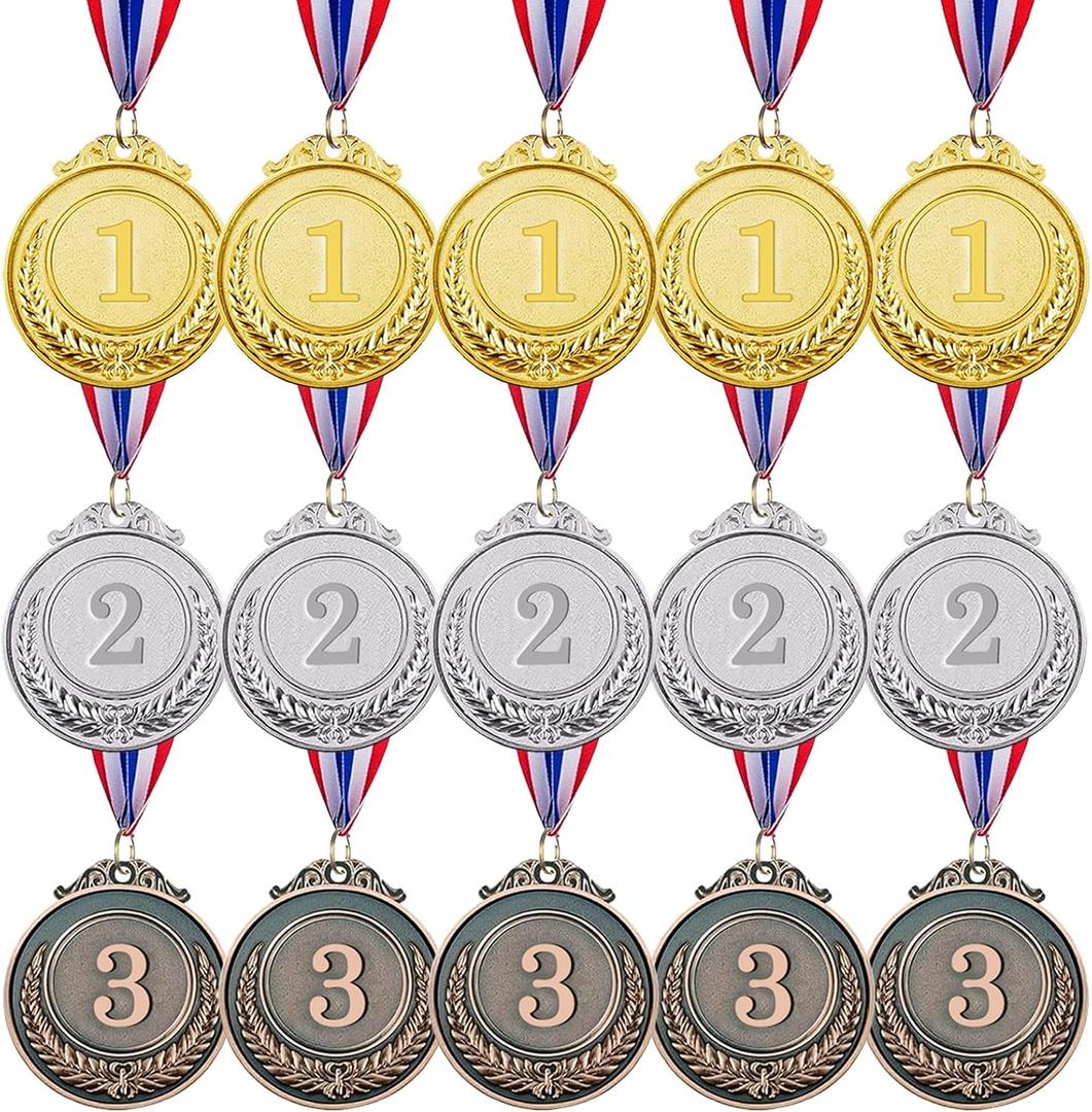 15 Pieces 1st 2nd 3rd (Gold, Silver, Bronze) Medals for Awards for Competions-Olympic Medals Winner Medals for Kids & Aldults, 2 Inches
