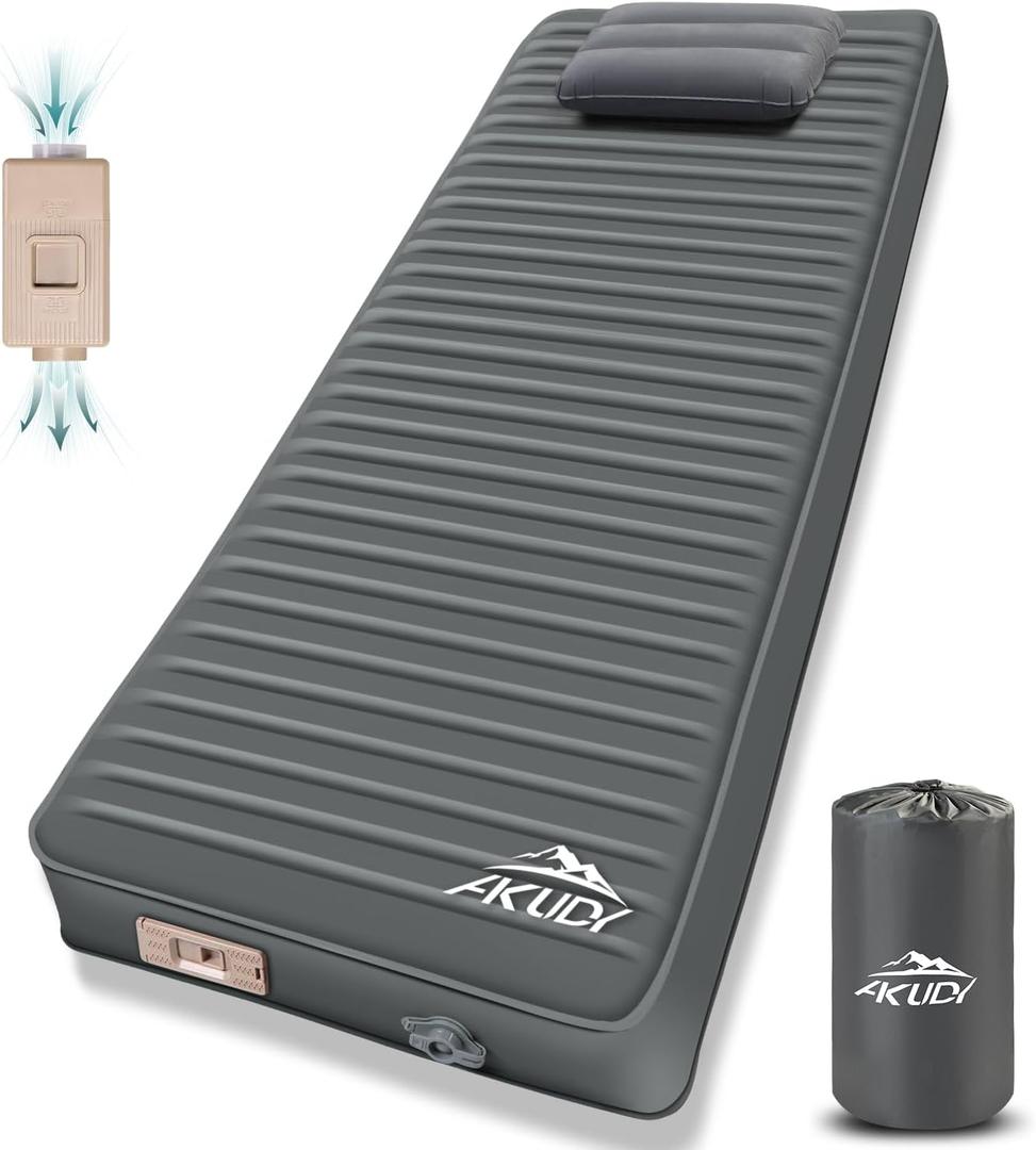 Self Inflating Sleeping Pad with Electric Pump, 4" Ultra-Thick Memory Foam Camping Pad with Pillow, 9.5 R-Value Insulated Camping Mattress, Grey, Single