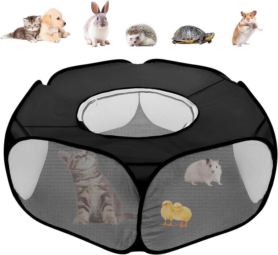 Small Animal Playpens with Top Cover, Foldable Breathable Small Pets Cage Tent Outdoor Indoor Portable Play Pen for Guinea Pig Hedgehog Hamster Cat Rabbit Bunny Puppy Ferret Rat Chicks (Black)