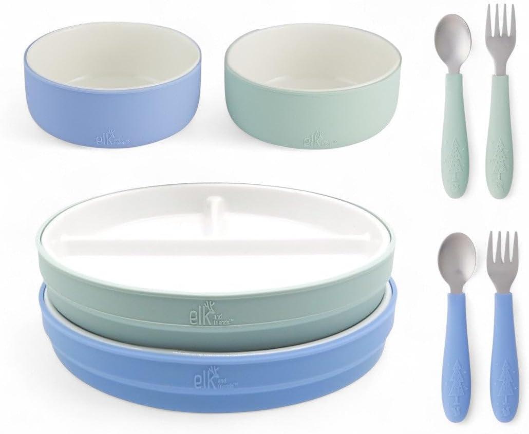 Elk and Friends Kids Porcelain Mealtime Bundle with Normal Sleeves | Plates, Bowls + Toddler Utensils | Silicone Sleeves | For Meals + Snacks | Microwave + Dishwasher Safe
