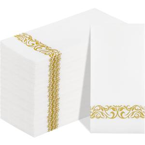 DaYammi 100PCS Gold Napkins Disposable Hand Towels, White and Gold Paper Napkins, Soft and Absorbent Linen Feel Dinner Napkins, Elegant Decorative Paper Hand Towels for Bathroom Wedding Party