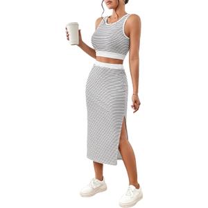 GORGLITTER Women's Skirt Sets 2 Piece Outfits Striped Skirt and Top Set Summer Going Out Outfits (Black and White)