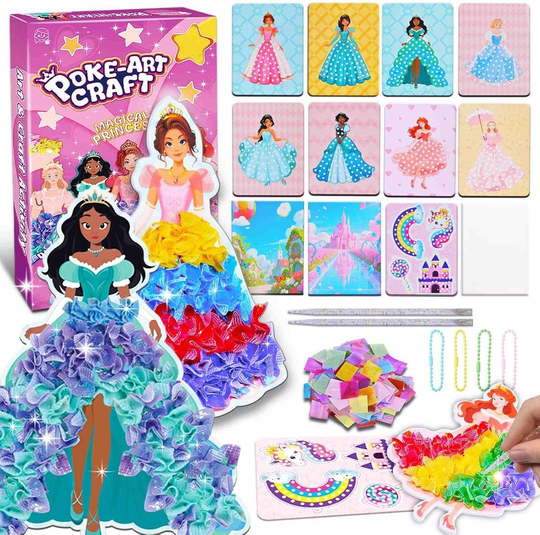 QLKYTALA Poke Poke Art Kits for Girls - Arts and Crafts for Kids 4-8 - 4 5 6 7 8 9 10 Year Old Girl Birthday Gifts - Princess Dress-Up DIY Creative Activity Toys
