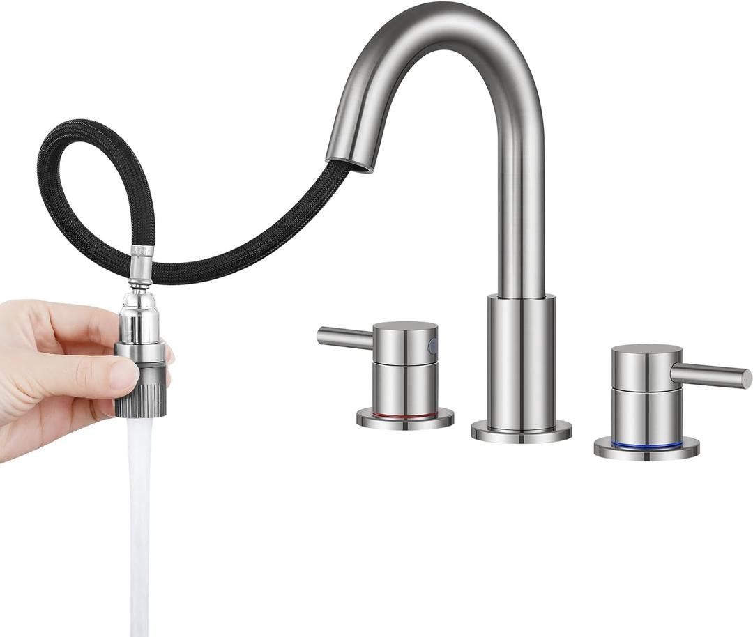 FGKQ Bathroom Faucet 3 Hole Brushed Nickel with Pull Down Sprayer 2 Modes, Pull Down Bathroom Sink Faucet with Pop Up Drain, 8 Inch Widespread Bathroom Faucet