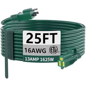 HUANCHAIN Indoor Outdoor Green Extension Cord 25 ft Waterproof, 16/3 Gauge Flexible Cold-Resistant Appliance Extension Cord Outside, 13A 1625W 16AWG SJTW, 3 Prong Heavy Duty Electric Cable, ETL