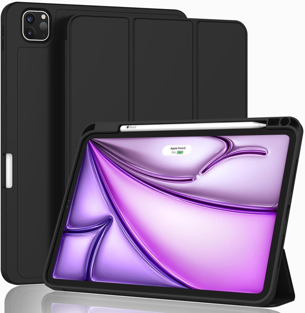 ZryXal New iPad Air 13 Inch Case M3 2025/M2 2024 with Pencil Holder, Trifold Stand Smart Case with Soft TPU Back,Auto Wake/Sleep (Black)