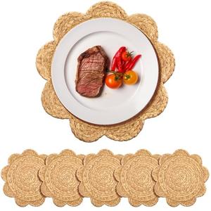 Gandeer 6 Set 12 Inch Round Woven Rattan Placemats Plate Chargers, Scalloped Edge Rattan Place Mats, Boho Farmhouse Braided Straw Table Mats for House Warming Gifts Dining Table Decor, Party, Events