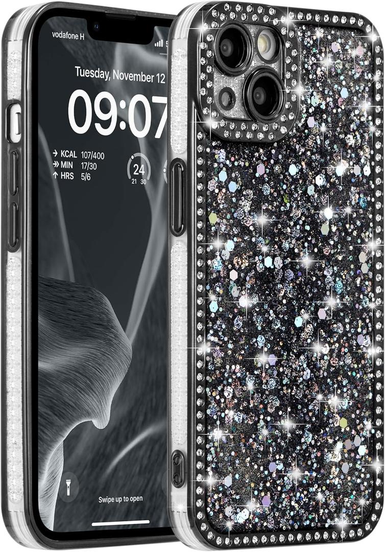 FABSPARK Case for iPhone 17 Pro Max, Glitter Crystal Diamond Rhinestones Sequin Shiny Bling Sparkly Glossy Luxury Electroplated Case, Aesthetic Cute Full Protection for iPhone 17 Pro Max, Black