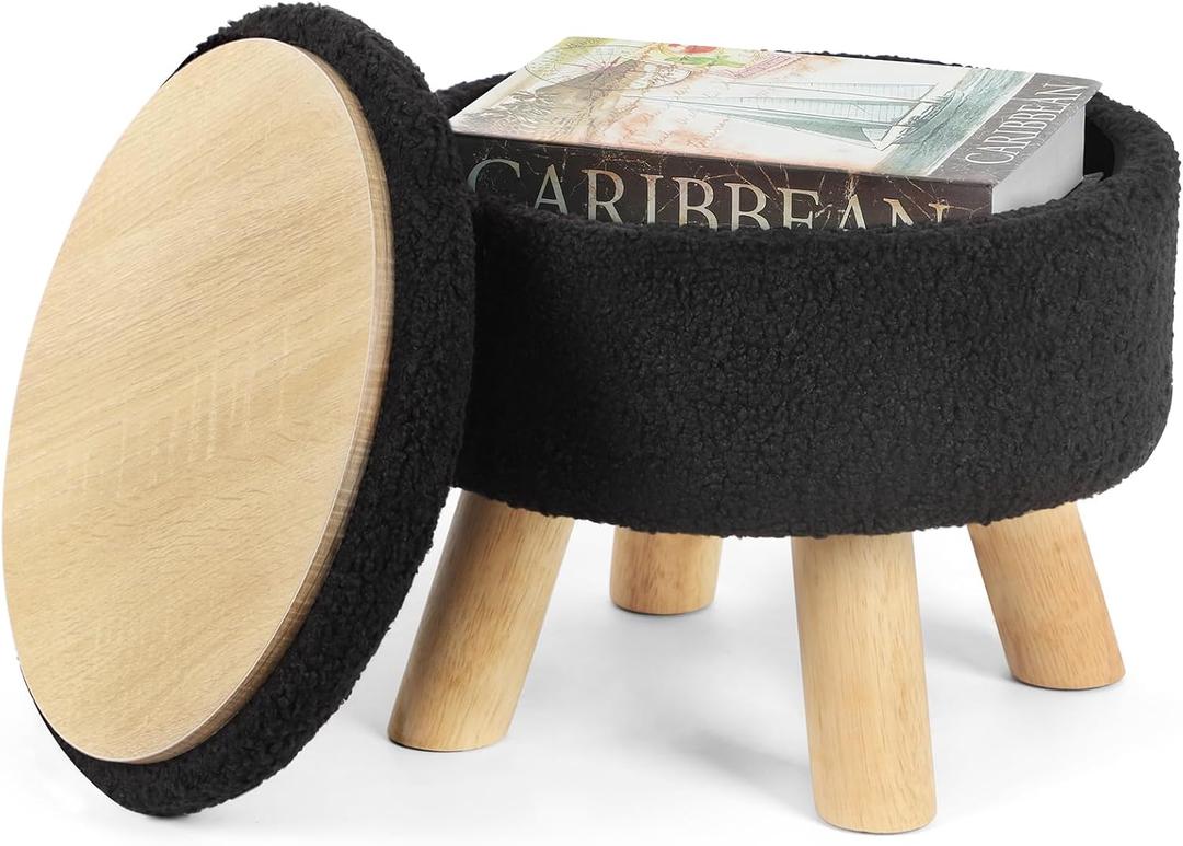 Ottoman Foot Rest, Small Round Ottoman with Storage, Boucle Teddy Velvet Footstool with Wood Legs, Soft Sponge Storage Ottoman for Living Room, Bedroom, Couch, Enterway (Black)