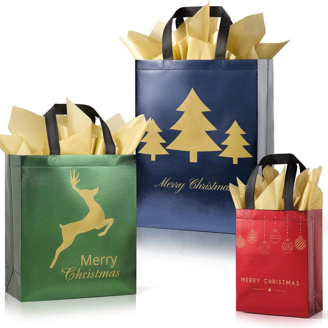 YANGTE 36 Pack Christmas Gift Bags Assorted Sizes With Tissue Paper(12 Extra Large 16", 12 Large 12", 12 Medium 9"), Reusable Red & Green & Blue Unique Designs Christmas Bags with Handle for Xmas